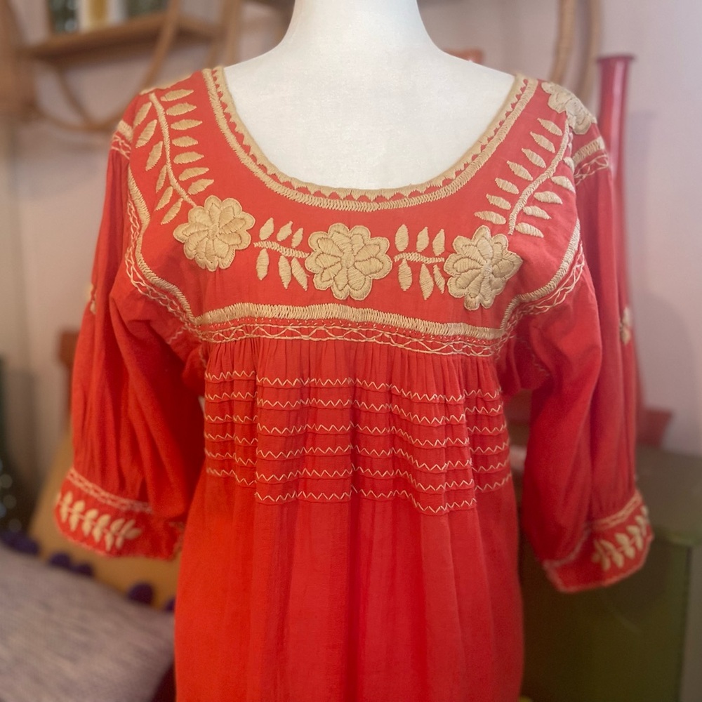 🌻Embroidered Red Peasant Blouse/ Super Mini Dress